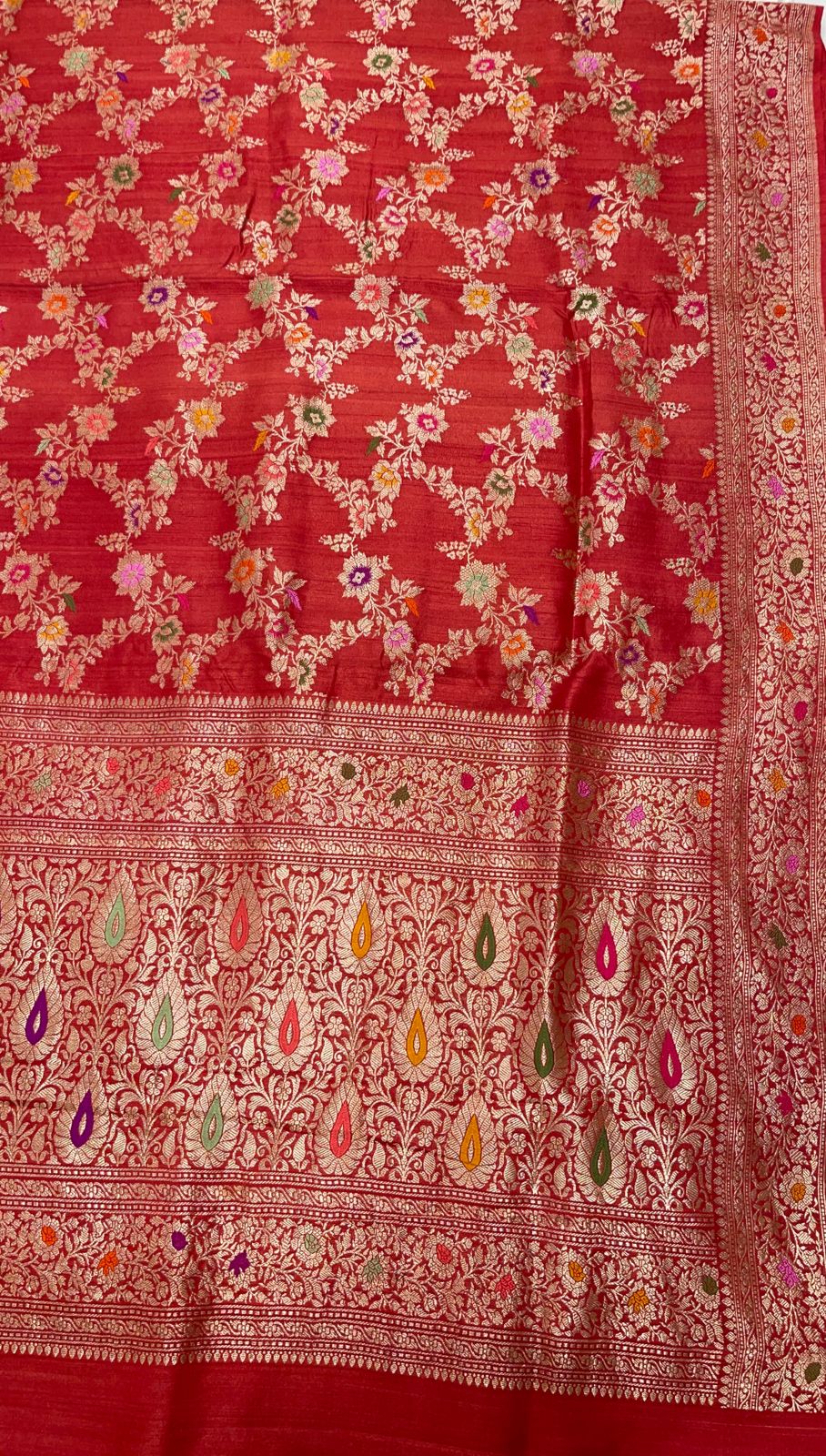 Faishana Pure Handloom Orange Tussar Silk Tilfi Zari Minakari Jaal Kadhwa Weave Minakari Pallu Banarasi Saree with Orange Blouse Piece