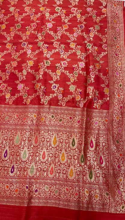 Faishana Pure Handloom Orange Tussar Silk Tilfi Zari Minakari Jaal Kadhwa Weave Minakari Pallu Banarasi Saree with Orange Blouse Piece