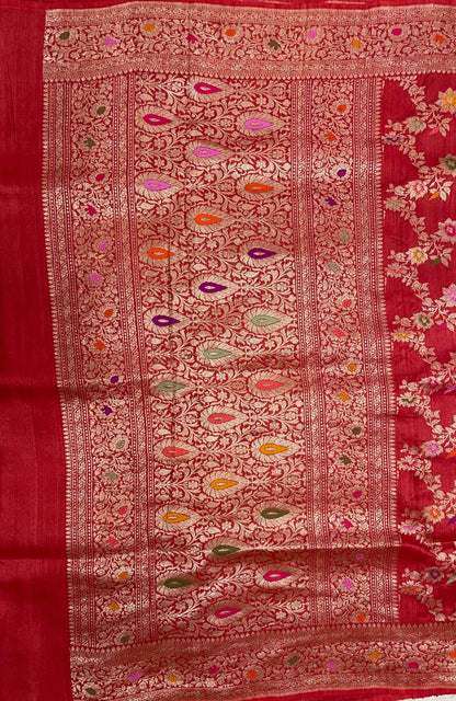 Faishana Pure Handloom Orange Tussar Silk Tilfi Zari Minakari Jaal Kadhwa Weave Minakari Pallu Banarasi Saree with Orange Blouse Piece