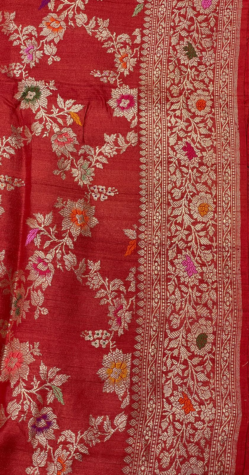 Faishana Pure Handloom Orange Tussar Silk Tilfi Zari Minakari Jaal Kadhwa Weave Minakari Pallu Banarasi Saree with Orange Blouse Piece