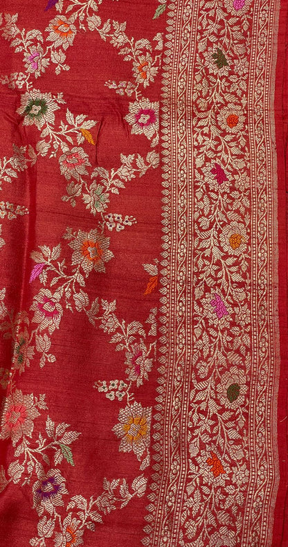 Faishana Pure Handloom Orange Tussar Silk Tilfi Zari Minakari Jaal Kadhwa Weave Minakari Pallu Banarasi Saree with Orange Blouse Piece