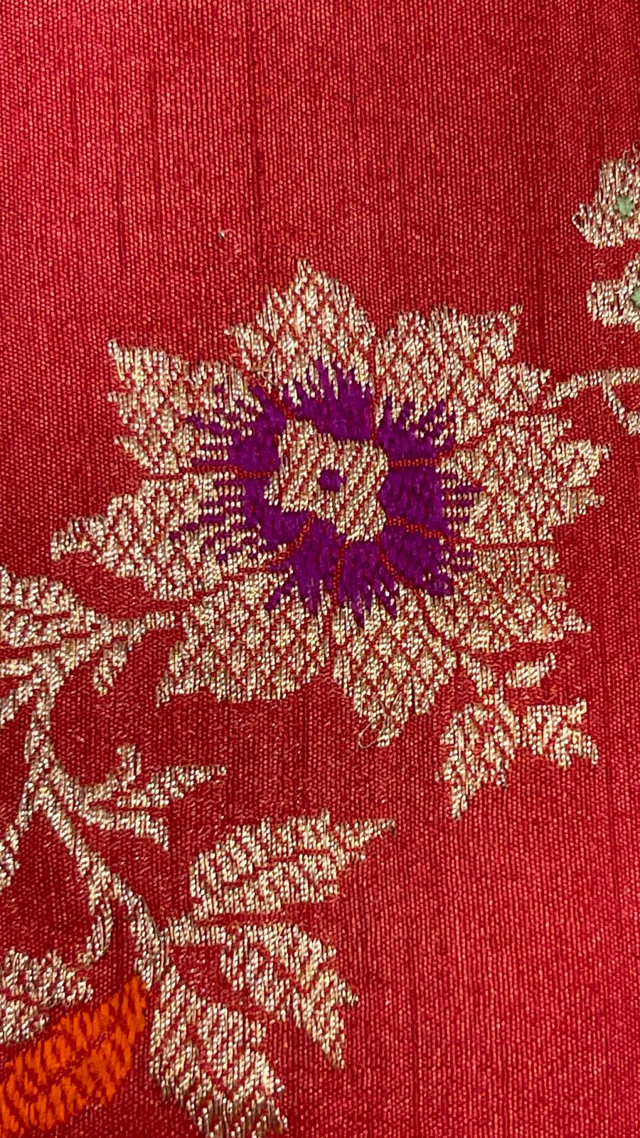 Faishana Pure Handloom Orange Tussar Silk Tilfi Zari Minakari Jaal Kadhwa Weave Minakari Pallu Banarasi Saree with Orange Blouse Piece