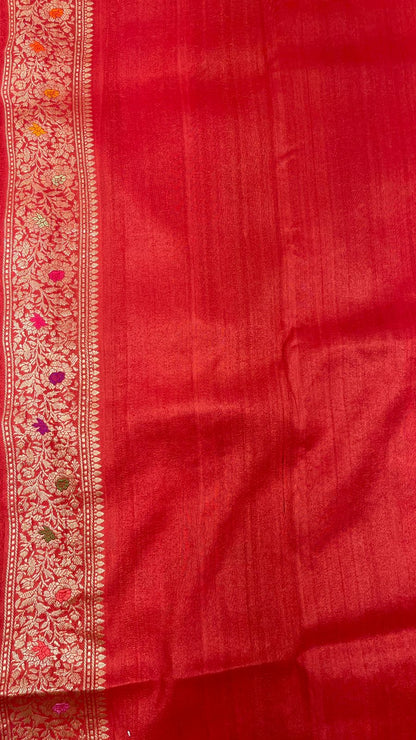 Faishana Pure Handloom Orange Tussar Silk Tilfi Zari Minakari Jaal Kadhwa Weave Minakari Pallu Banarasi Saree with Orange Blouse Piece