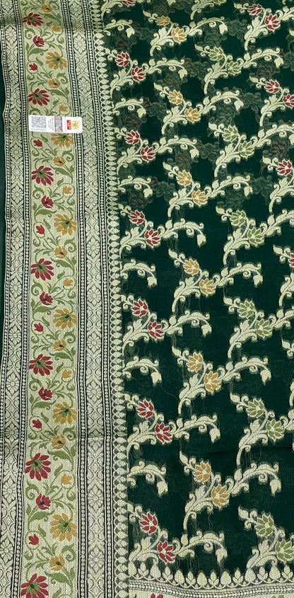 Faishana Pure Handloom Dark Green Chiffon Alfi Mina Zari Jaal Minakari Zari Border and Floral Big Boota Mina Pallu Saree with Dark Green Blouse