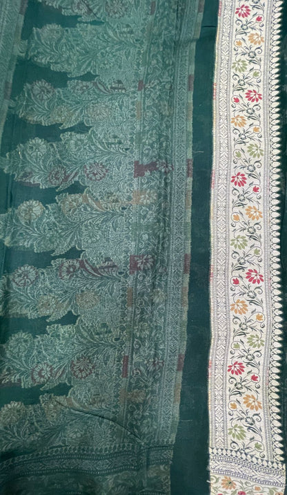 Faishana Pure Handloom Dark Green Chiffon Alfi Mina Zari Jaal Minakari Zari Border and Floral Big Boota Mina Pallu Saree with Dark Green Blouse