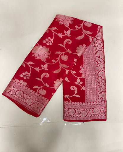 Faishana Pure Handloom Red Chiffon Floral Golden Zari Boota Jaal with Banarasi Zari Border and Red Blouse