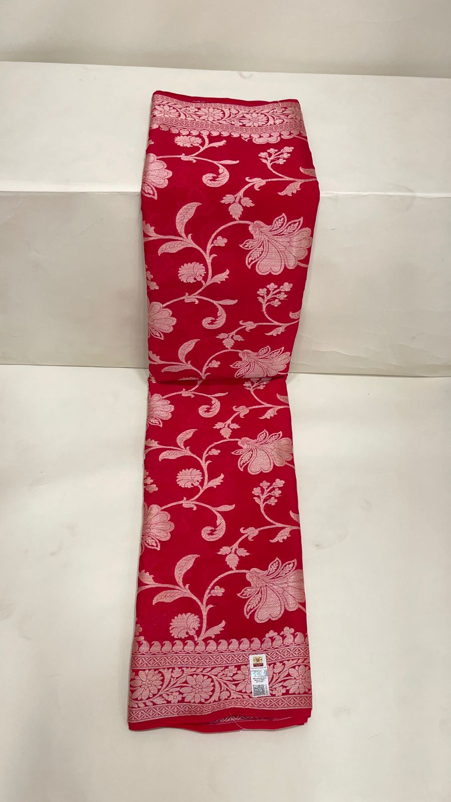 Faishana Pure Handloom Red Chiffon Floral Golden Zari Boota Jaal with Banarasi Zari Border and Red Blouse