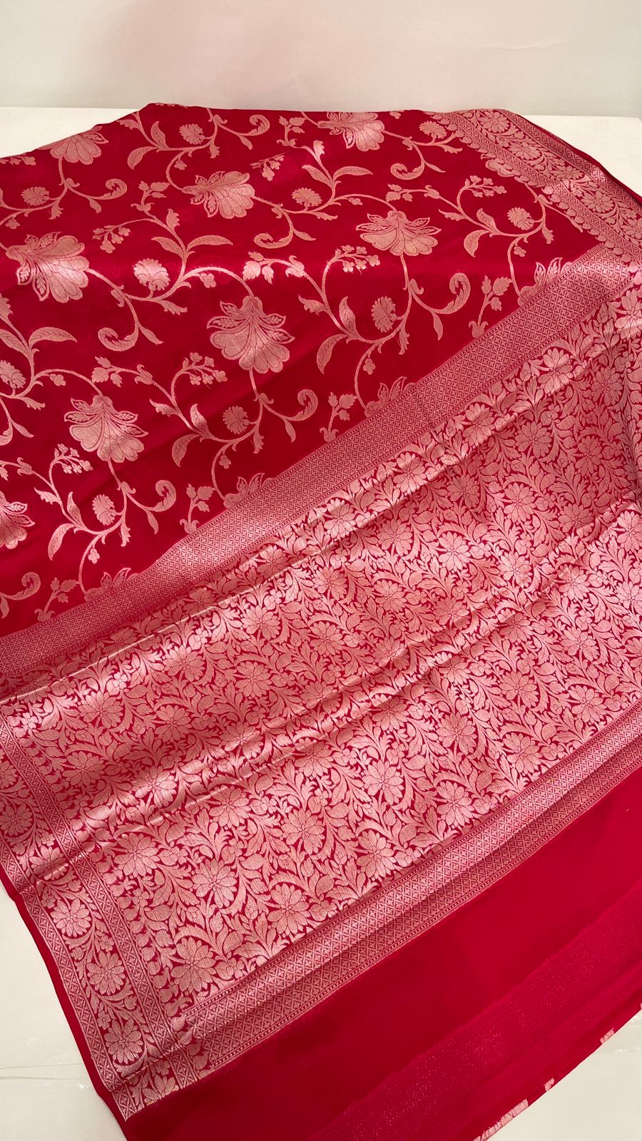 Faishana Pure Handloom Red Chiffon Floral Golden Zari Boota Jaal with Banarasi Zari Border and Red Blouse