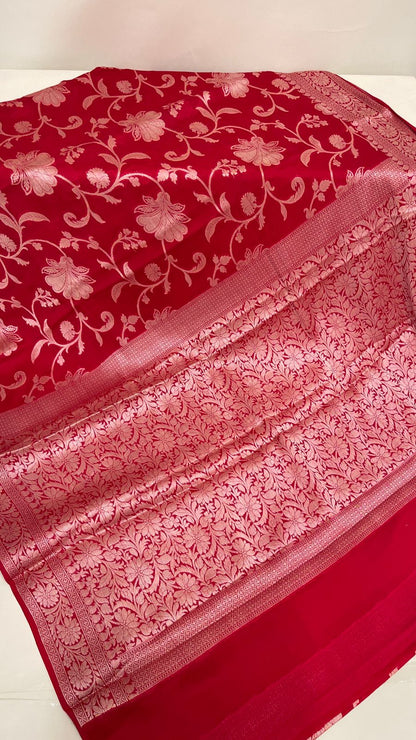 Faishana Pure Handloom Red Chiffon Floral Golden Zari Boota Jaal with Banarasi Zari Border and Red Blouse