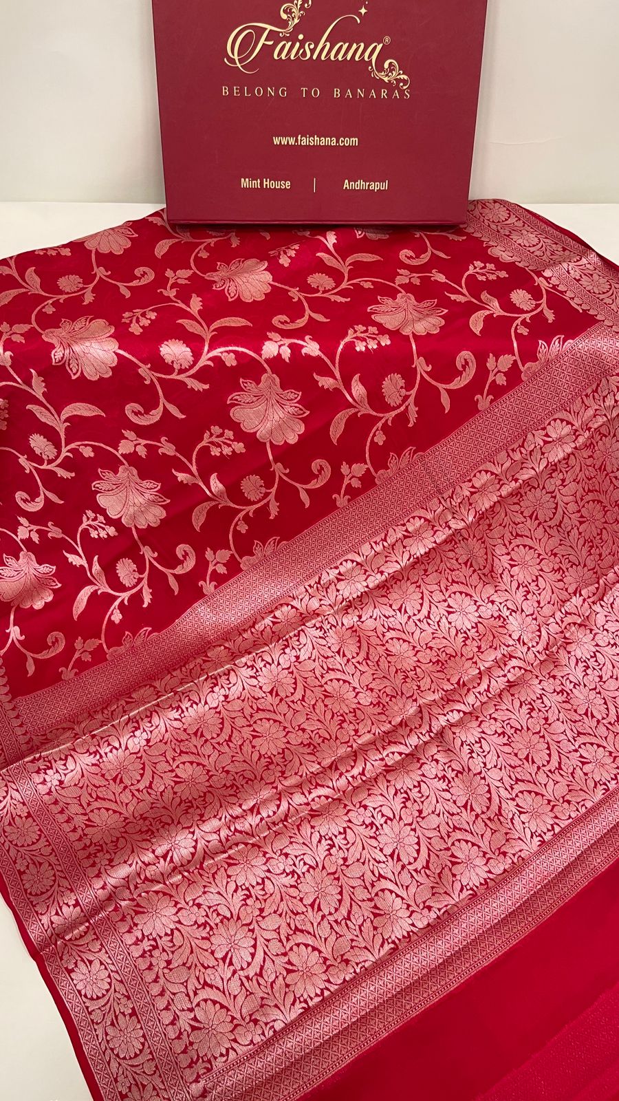 Faishana Pure Handloom Red Chiffon Floral Golden Zari Boota Jaal with Banarasi Zari Border and Red Blouse