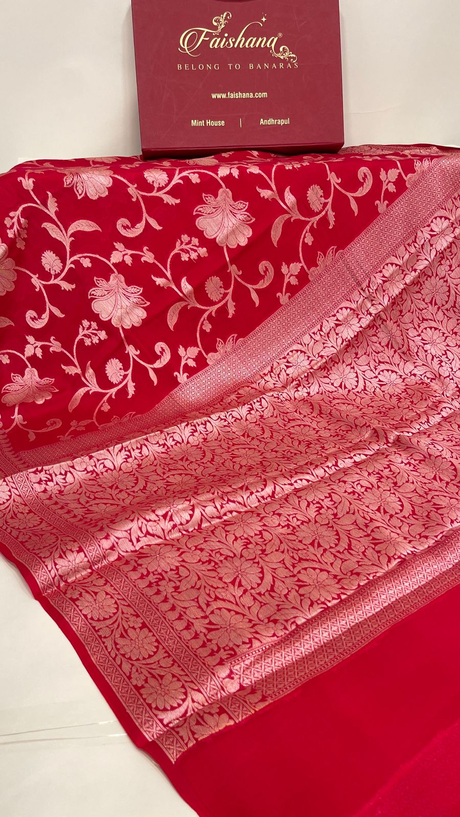 Faishana Pure Handloom Red Chiffon Floral Golden Zari Boota Jaal with Banarasi Zari Border and Red Blouse