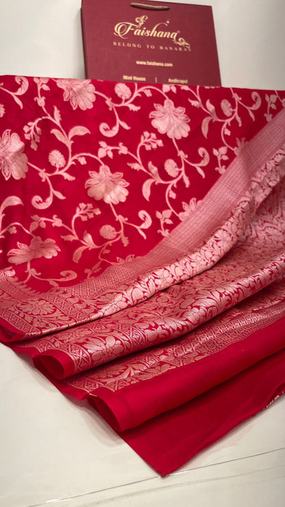 Faishana Pure Handloom Red Chiffon Floral Golden Zari Boota Jaal with Banarasi Zari Border and Red Blouse