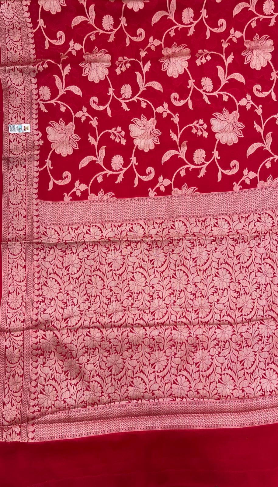 Faishana Pure Handloom Red Chiffon Floral Golden Zari Boota Jaal with Banarasi Zari Border and Red Blouse