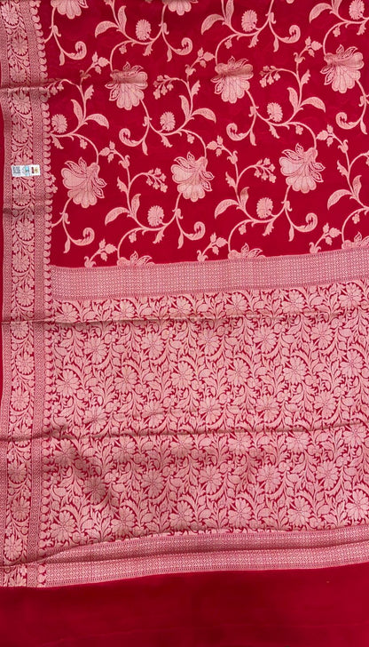 Faishana Pure Handloom Red Chiffon Floral Golden Zari Boota Jaal with Banarasi Zari Border and Red Blouse