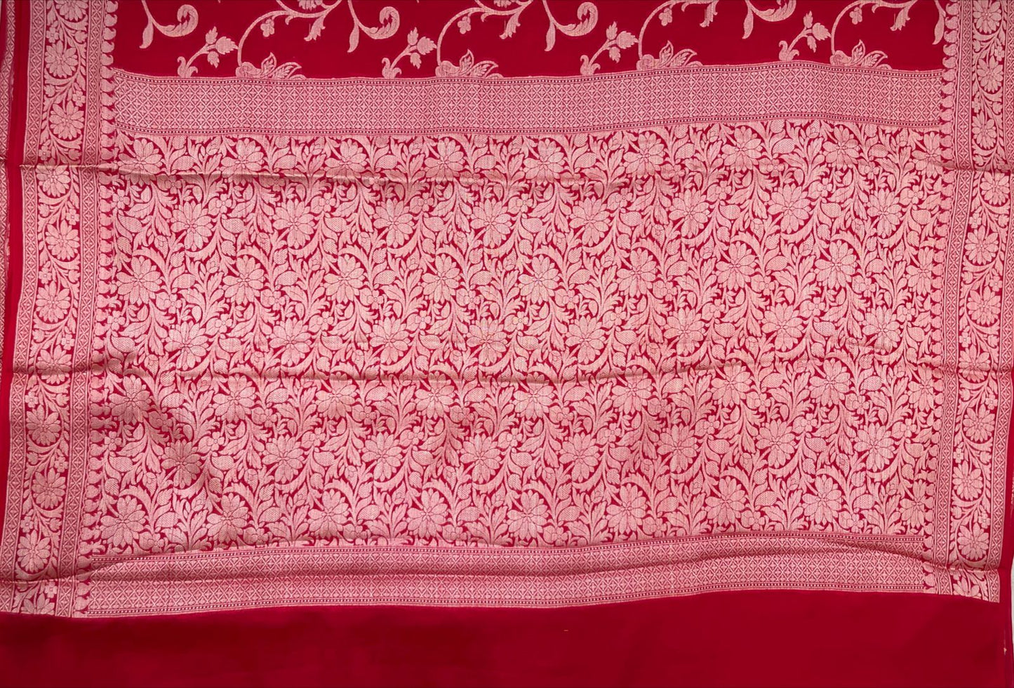 Faishana Pure Handloom Red Chiffon Floral Golden Zari Boota Jaal with Banarasi Zari Border and Red Blouse