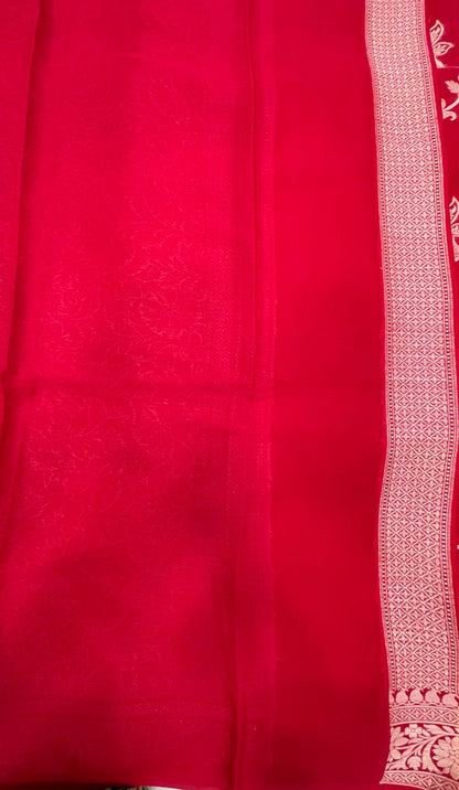 Faishana Pure Handloom Red Chiffon Floral Golden Zari Boota Jaal with Banarasi Zari Border and Red Blouse