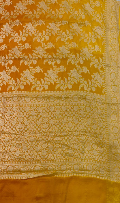Faishana Pure Handloom Gold Contrast Chiffon Alfi Gold Zari Jaal and Banarasi Zari Border Saree with Gold Blouse