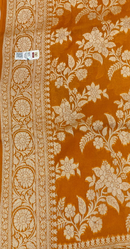 Faishana Pure Handloom Gold Contrast Chiffon Alfi Gold Zari Jaal and Banarasi Zari Border Saree with Gold Blouse