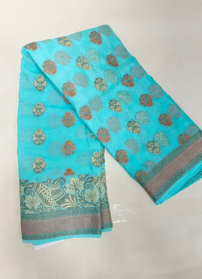 Faishana Pure Handloom SeaGreen Chiffon Floral Zari Mina Booti Skirt Floral Mina Zari Border and Big Boota Pallu with Sea Green Blouse