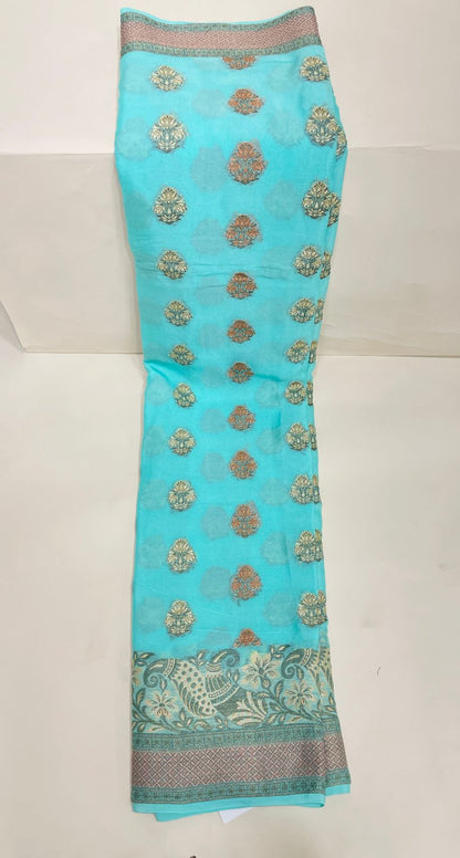 Faishana Pure Handloom SeaGreen Chiffon Floral Zari Mina Booti Skirt Floral Mina Zari Border and Big Boota Pallu with Sea Green Blouse