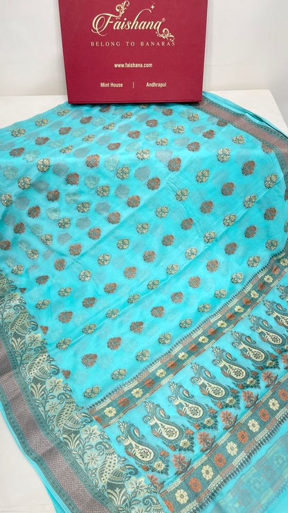 Faishana Pure Handloom SeaGreen Chiffon Floral Zari Mina Booti Skirt Floral Mina Zari Border and Big Boota Pallu with Sea Green Blouse