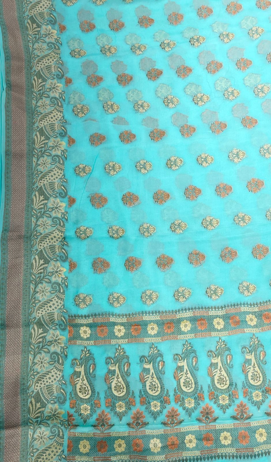 Faishana Pure Handloom SeaGreen Chiffon Floral Zari Mina Booti Skirt Floral Mina Zari Border and Big Boota Pallu with Sea Green Blouse