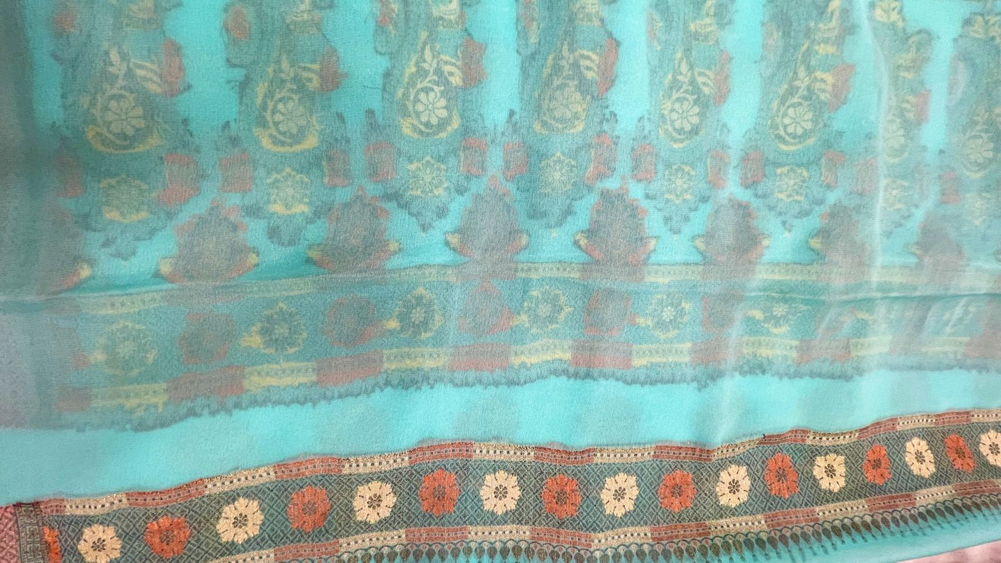 Faishana Pure Handloom SeaGreen Chiffon Floral Zari Mina Booti Skirt Floral Mina Zari Border and Big Boota Pallu with Sea Green Blouse