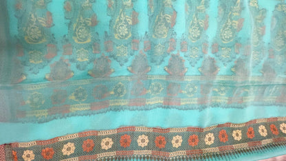 Faishana Pure Handloom SeaGreen Chiffon Floral Zari Mina Booti Skirt Floral Mina Zari Border and Big Boota Pallu with Sea Green Blouse