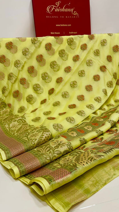 Faishana Pure Handloom Yellow Chiffon Floral Zari Mina Booti Skirt Floral Mina Zari Border and Big Boota Pallu with Yellow Blouse
