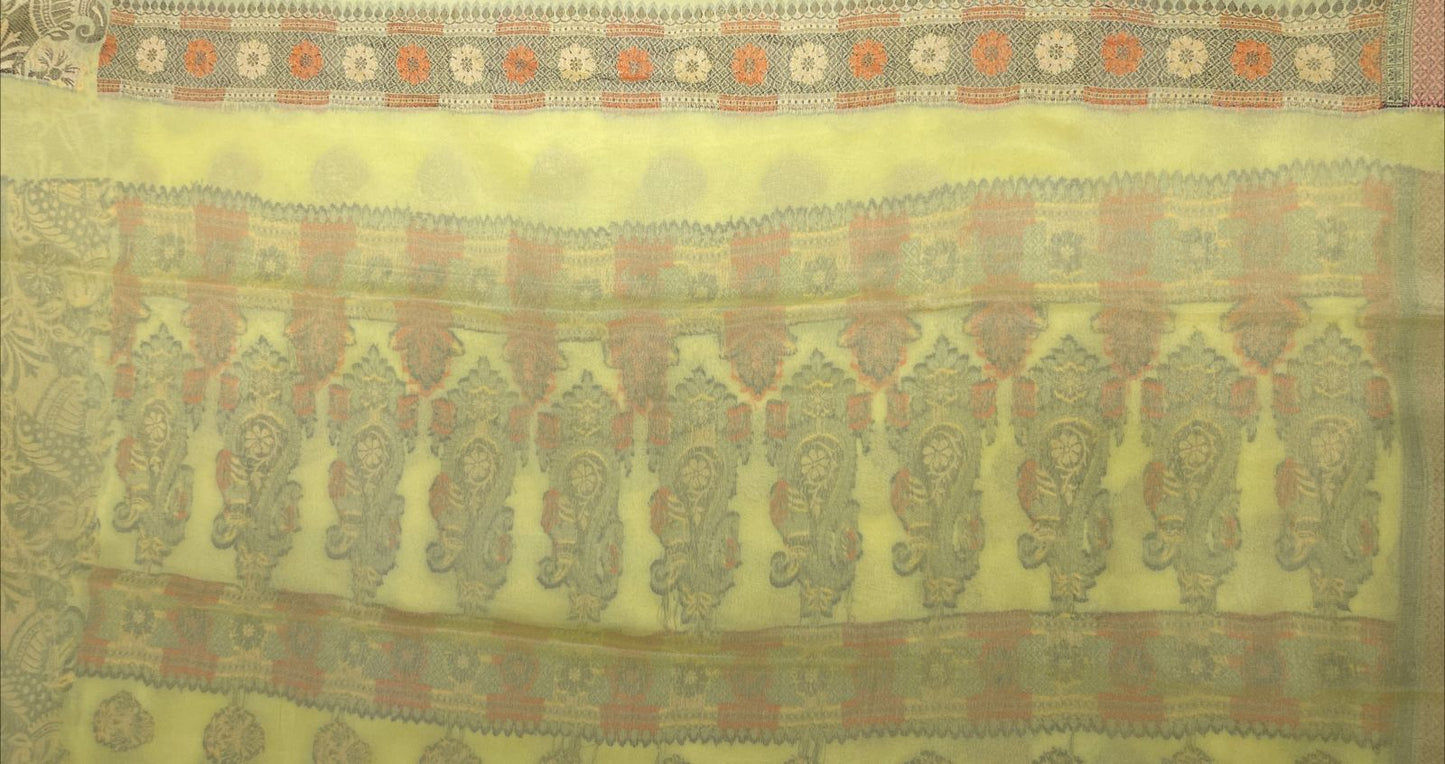 Faishana Pure Handloom Yellow Chiffon Floral Zari Mina Booti Skirt Floral Mina Zari Border and Big Boota Pallu with Yellow Blouse