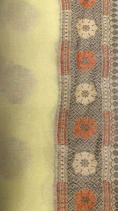 Faishana Pure Handloom Yellow Chiffon Floral Zari Mina Booti Skirt Floral Mina Zari Border and Big Boota Pallu with Yellow Blouse