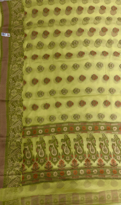 Faishana Pure Handloom Yellow Chiffon Floral Zari Mina Booti Skirt Floral Mina Zari Border and Big Boota Pallu with Yellow Blouse