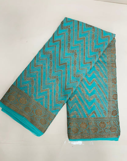 Faishana Pure Handloom Sea Green Chiffon Copper Zari Zig-Zag with Floral Copper Zari Jaal Anchal and Zari Border with Sea Green Blouse