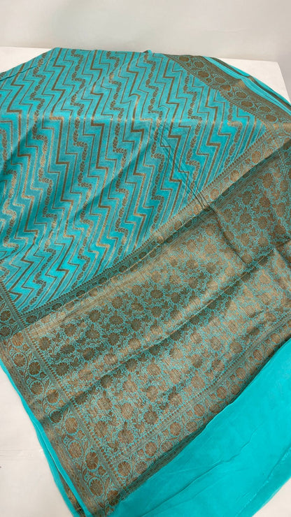 Faishana Pure Handloom Sea Green Chiffon Copper Zari Zig-Zag with Floral Copper Zari Jaal Anchal and Zari Border with Sea Green Blouse
