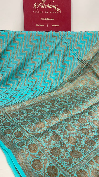 Faishana Pure Handloom Sea Green Chiffon Copper Zari Zig-Zag with Floral Copper Zari Jaal Anchal and Zari Border with Sea Green Blouse