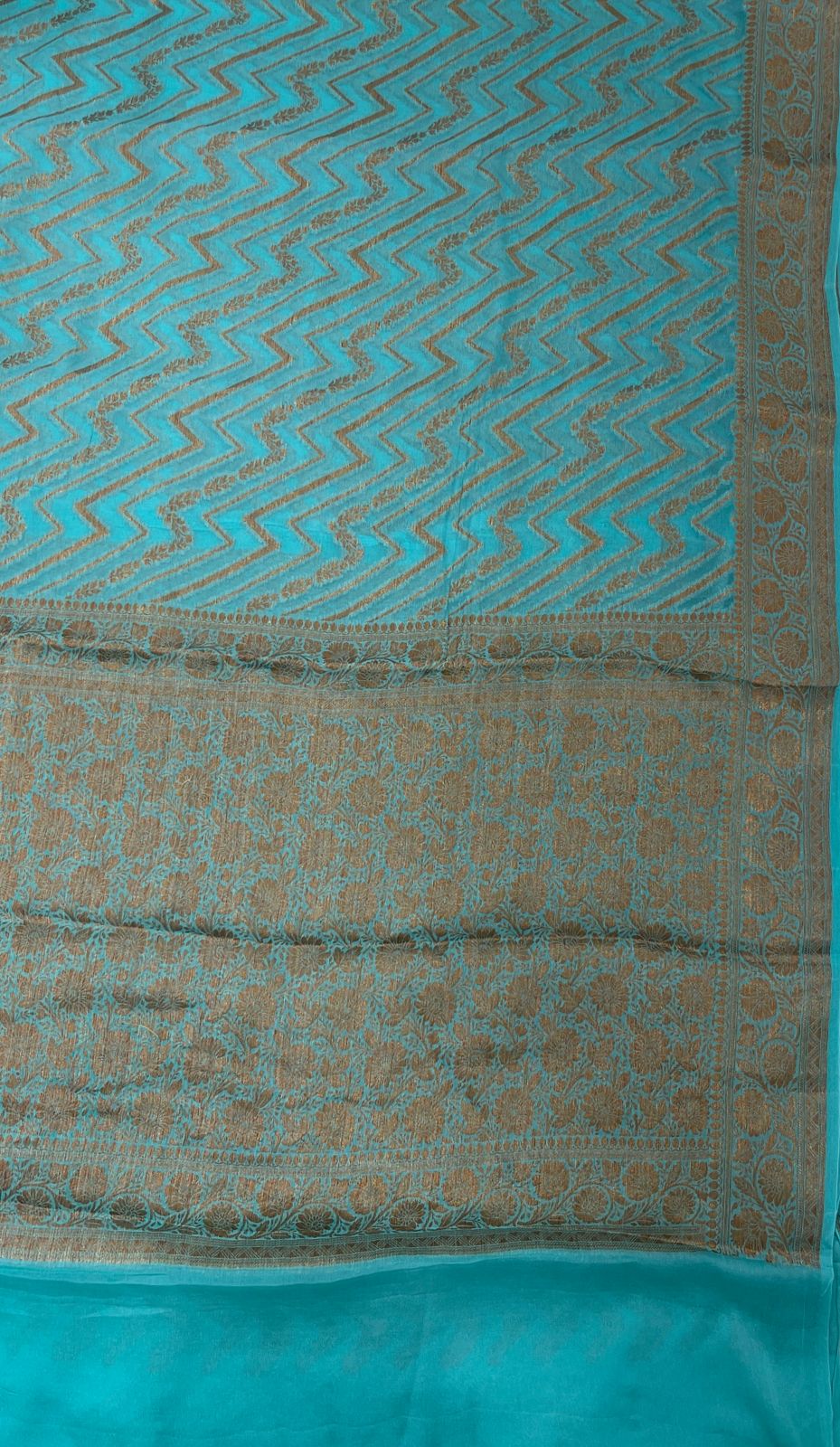 Faishana Pure Handloom Sea Green Chiffon Copper Zari Zig-Zag with Floral Copper Zari Jaal Anchal and Zari Border with Sea Green Blouse