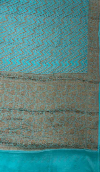 Faishana Pure Handloom Sea Green Chiffon Copper Zari Zig-Zag with Floral Copper Zari Jaal Anchal and Zari Border with Sea Green Blouse