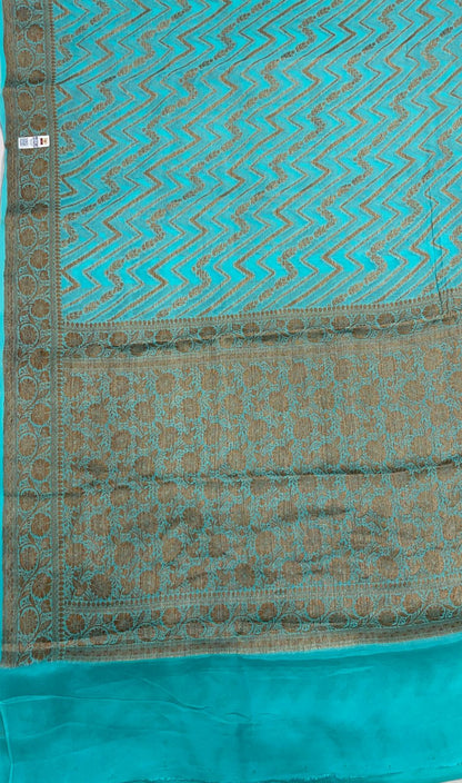 Faishana Pure Handloom Sea Green Chiffon Copper Zari Zig-Zag with Floral Copper Zari Jaal Anchal and Zari Border with Sea Green Blouse