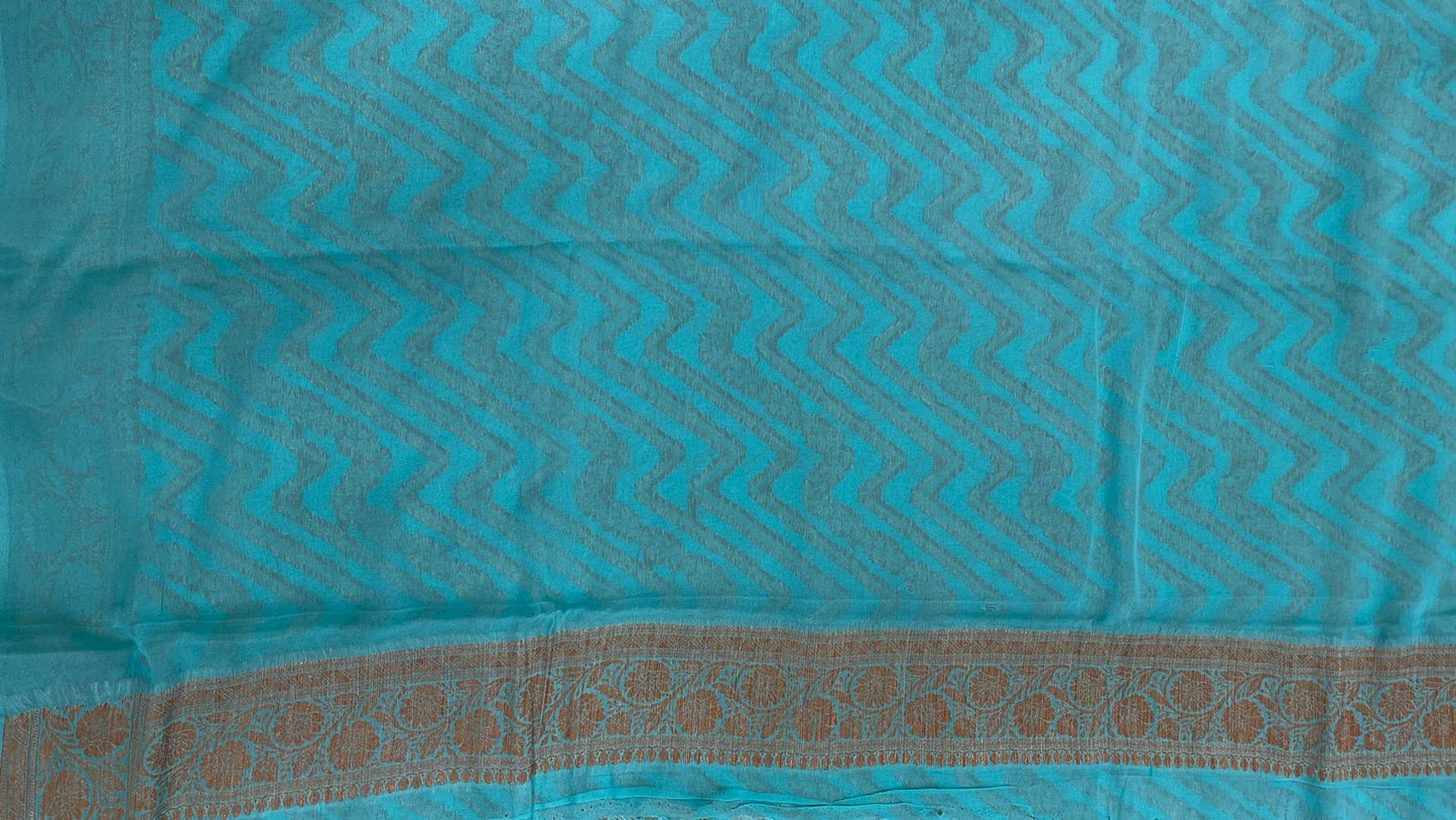Faishana Pure Handloom Sea Green Chiffon Copper Zari Zig-Zag with Floral Copper Zari Jaal Anchal and Zari Border with Sea Green Blouse