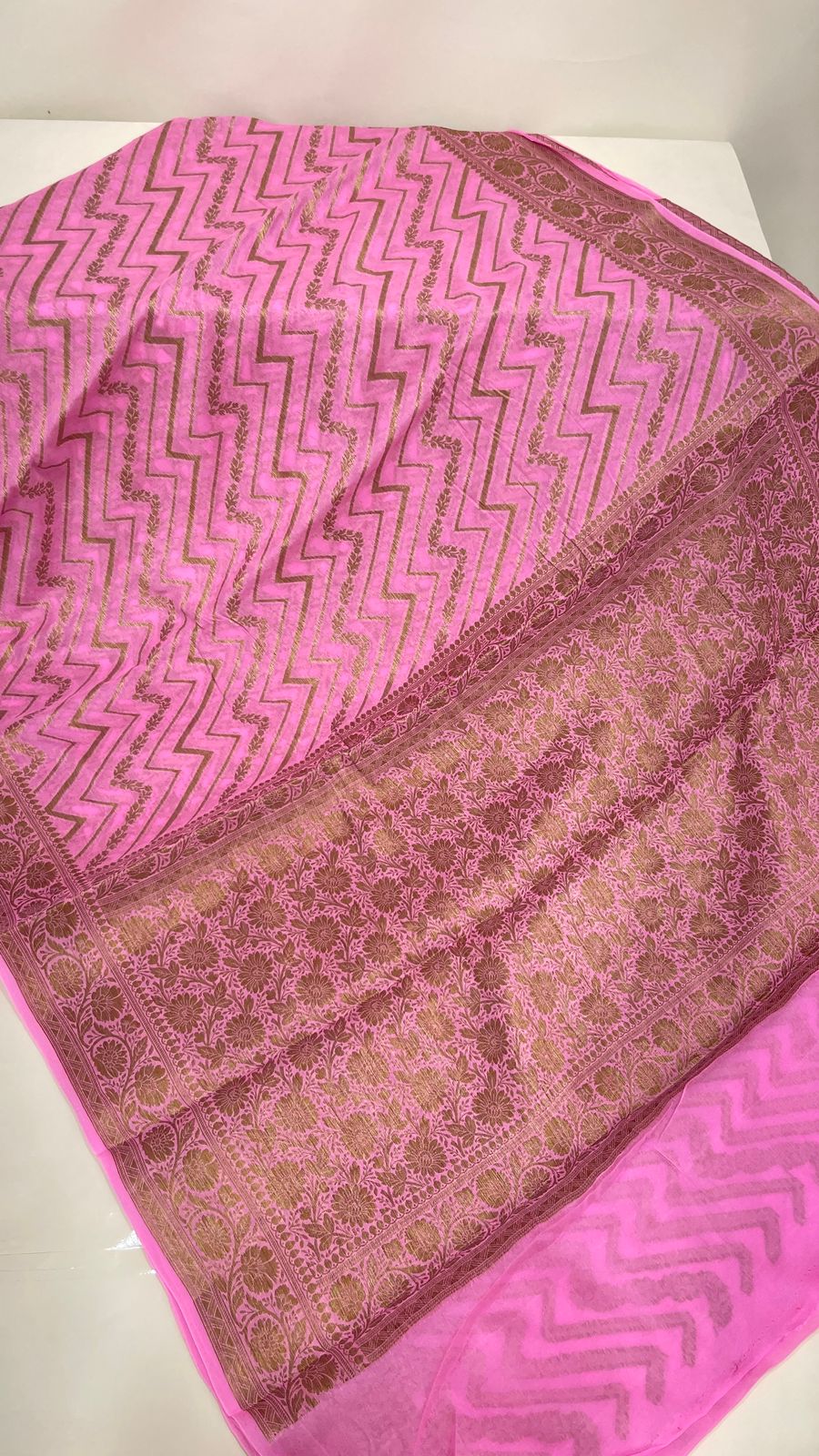 Faishana Pure Handloom Pink Chiffon Copper Zari Zig-Zag with Floral Copper Zari Jaal Anchal and Zari Border with Pink Blouse