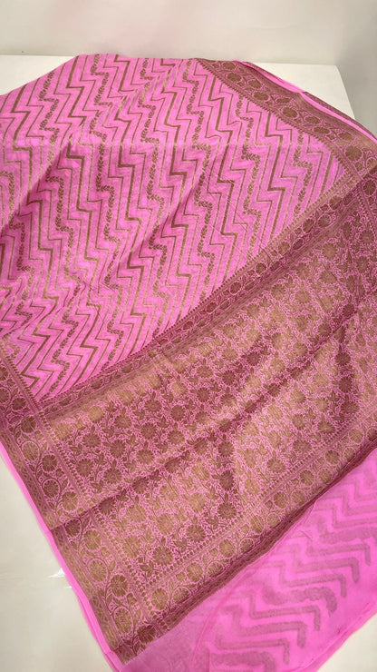 Faishana Pure Handloom Pink Chiffon Copper Zari Zig-Zag with Floral Copper Zari Jaal Anchal and Zari Border with Pink Blouse