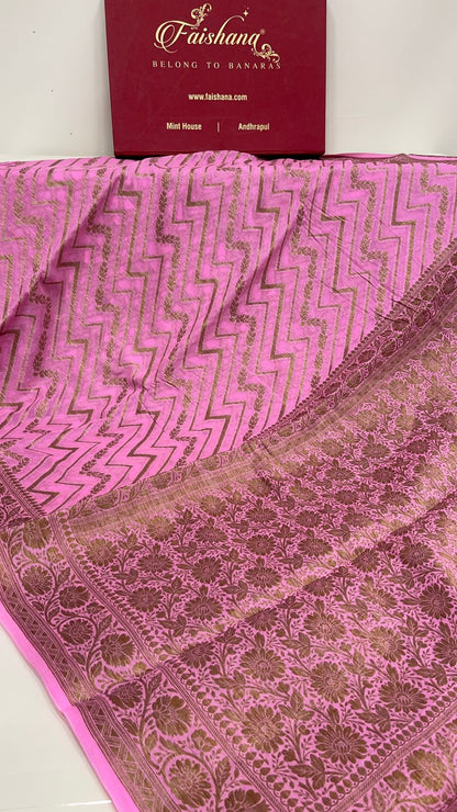 Faishana Pure Handloom Pink Chiffon Copper Zari Zig-Zag with Floral Copper Zari Jaal Anchal and Zari Border with Pink Blouse