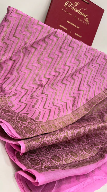 Faishana Pure Handloom Pink Chiffon Copper Zari Zig-Zag with Floral Copper Zari Jaal Anchal and Zari Border with Pink Blouse