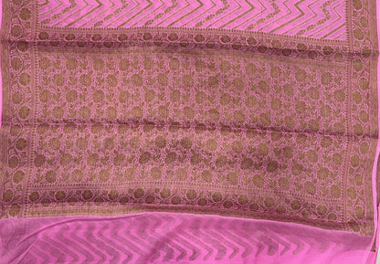 Faishana Pure Handloom Pink Chiffon Copper Zari Zig-Zag with Floral Copper Zari Jaal Anchal and Zari Border with Pink Blouse