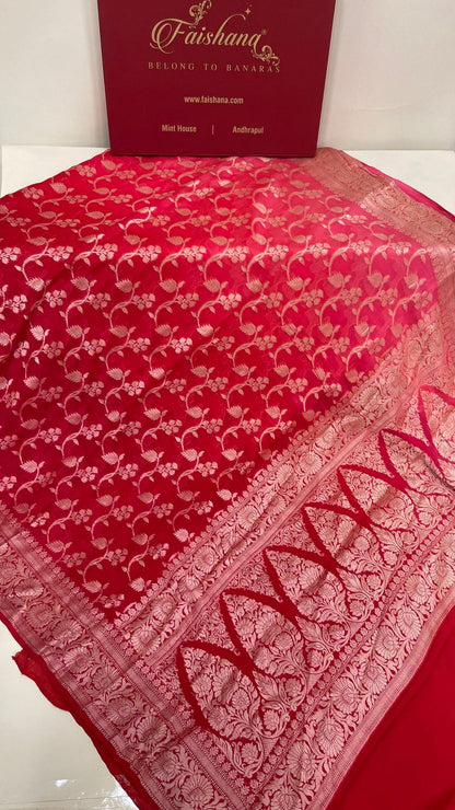 Faishana Pure Handloom Pink Dual Shade Chiffon Tilfi Zari Jaal with Floral Boota Anchal Zari Border with Red Blouse