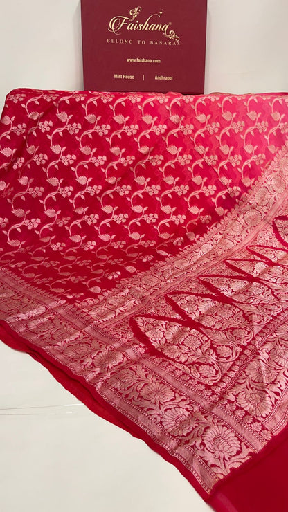 Faishana Pure Handloom Pink Dual Shade Chiffon Tilfi Zari Jaal with Floral Boota Anchal Zari Border with Red Blouse