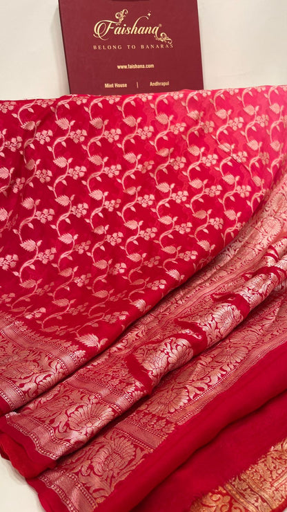 Faishana Pure Handloom Pink Dual Shade Chiffon Tilfi Zari Jaal with Floral Boota Anchal Zari Border with Red Blouse