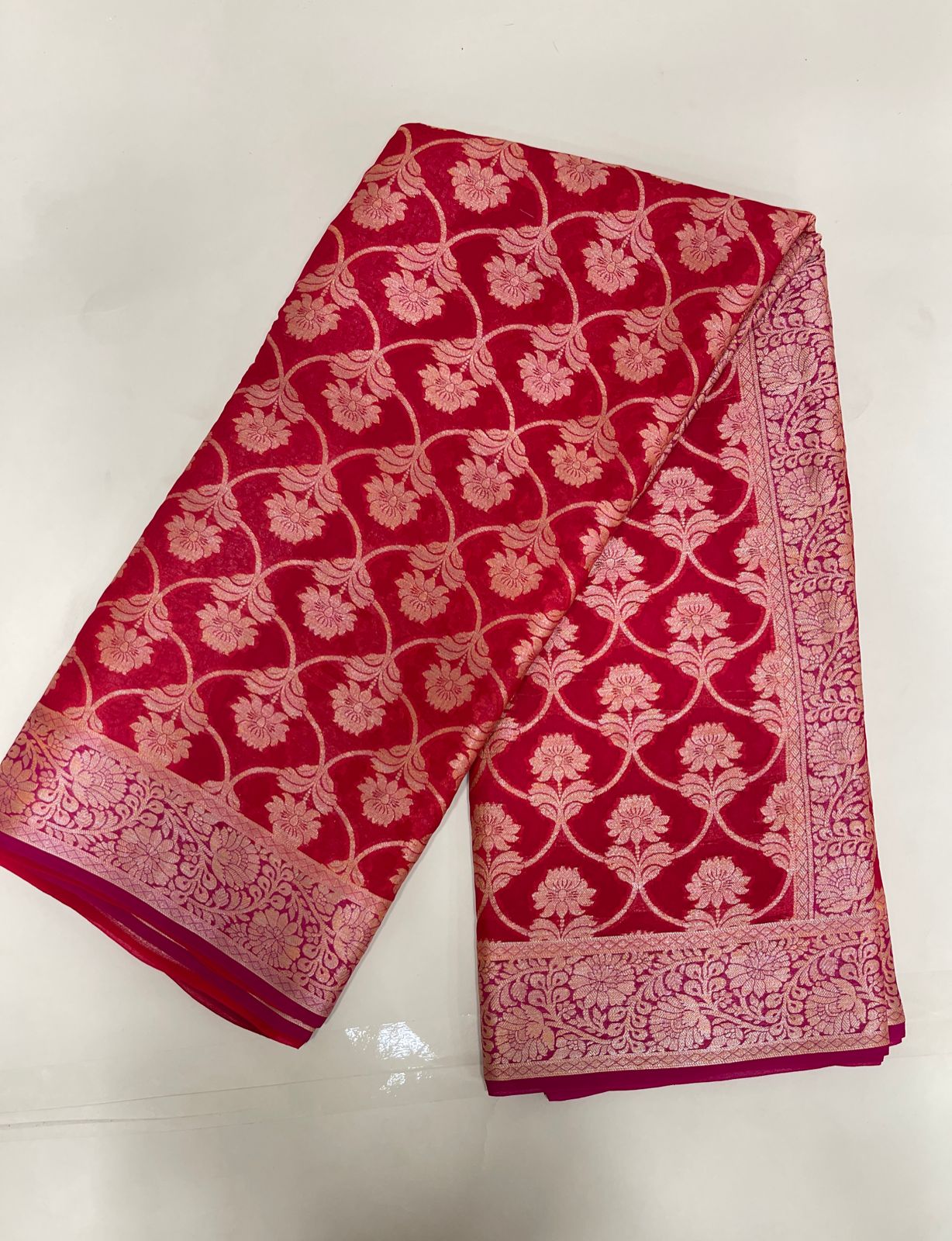 Faishana Pure Handloom Dark Pink Chiffon Golden Zari Floral Booti Jaal with Contrast Magenta Zari Booti Anchal and Zari Border with Magenta Blouse