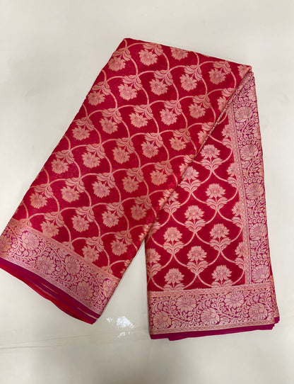 Faishana Pure Handloom Dark Pink Chiffon Golden Zari Floral Booti Jaal with Contrast Magenta Zari Booti Anchal and Zari Border with Magenta Blouse