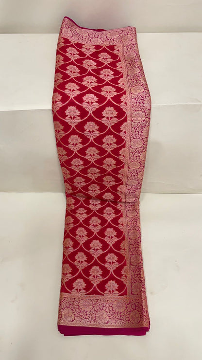 Faishana Pure Handloom Dark Pink Chiffon Golden Zari Floral Booti Jaal with Contrast Magenta Zari Booti Anchal and Zari Border with Magenta Blouse